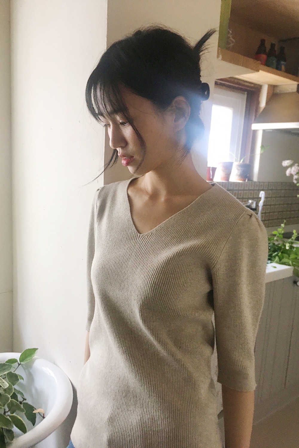 puff v-neck knit top (4colors)