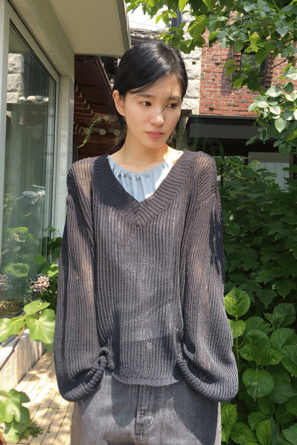 net v-neck long sleeve knit top (4colors)